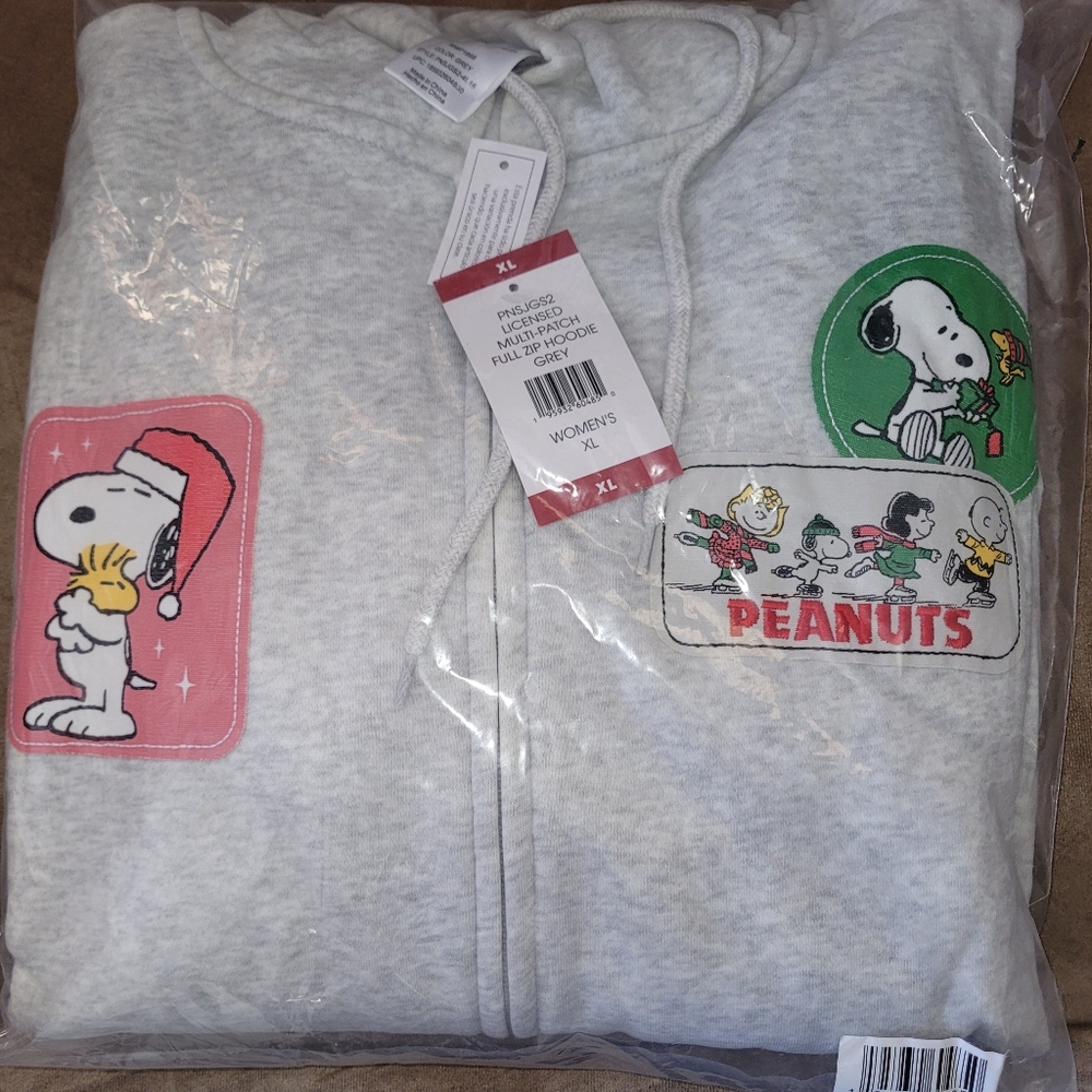Peanuts Gray Zip Up XL Hoodie Jacket Snoopy Friends Christmas Patches Womens - Picture 2 of 7